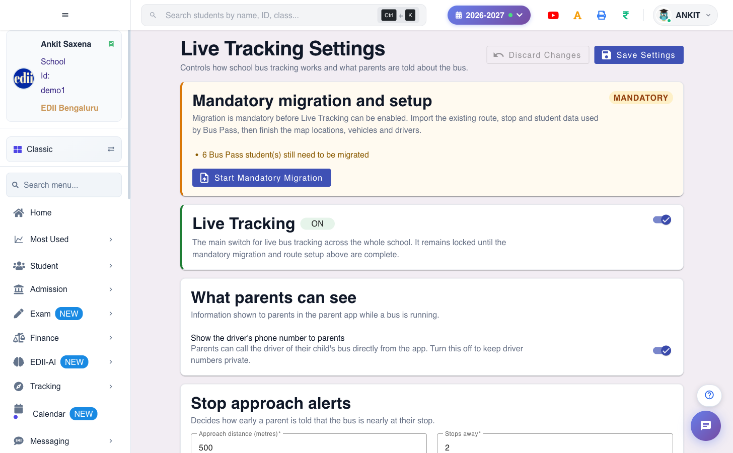 Live Tracking Settings in EDII, headed by the mandatory migration and setup card listing exactly what is still missing