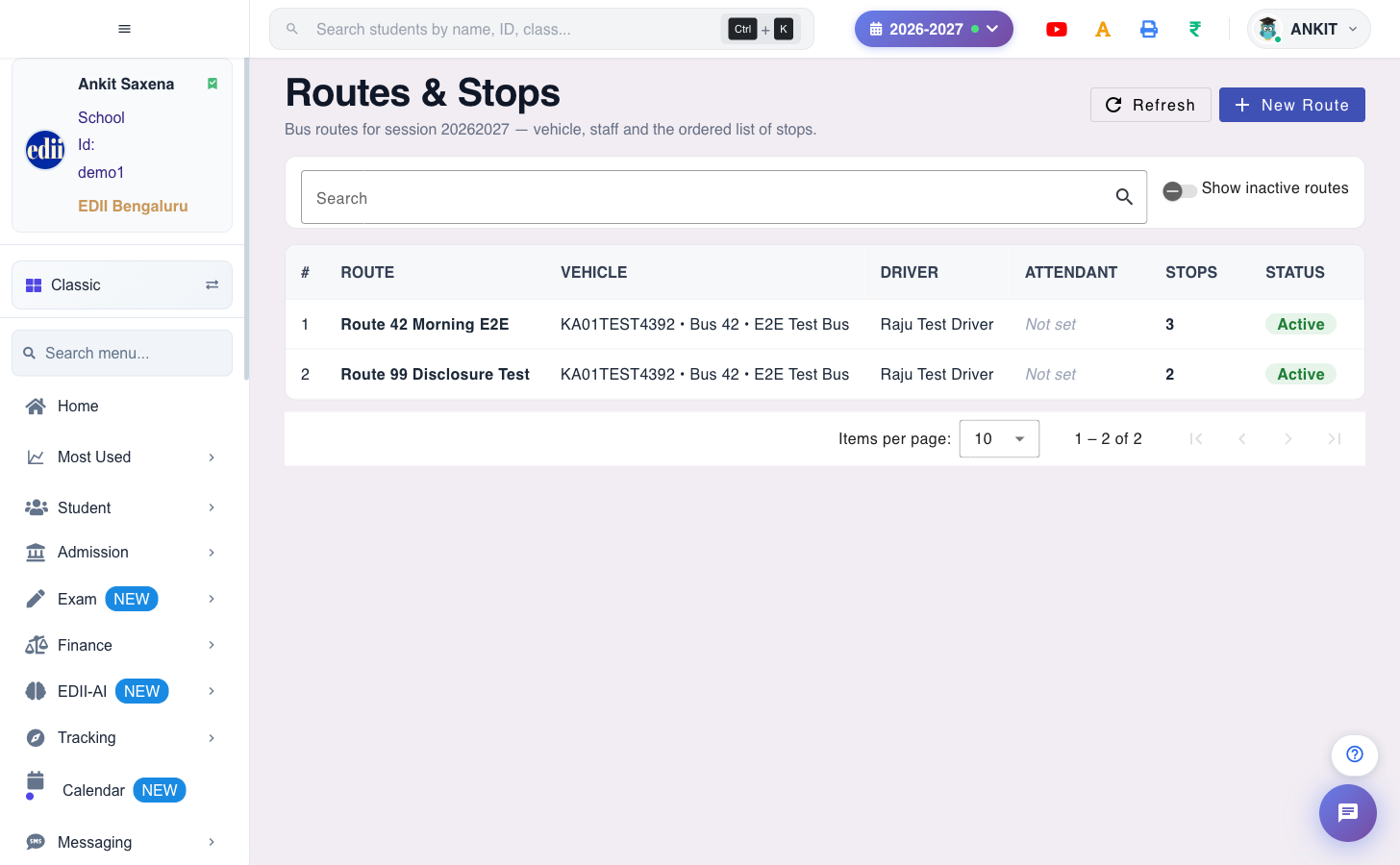 The Routes and Stops list in EDII, with a New Route button and a toggle to show inactive routes