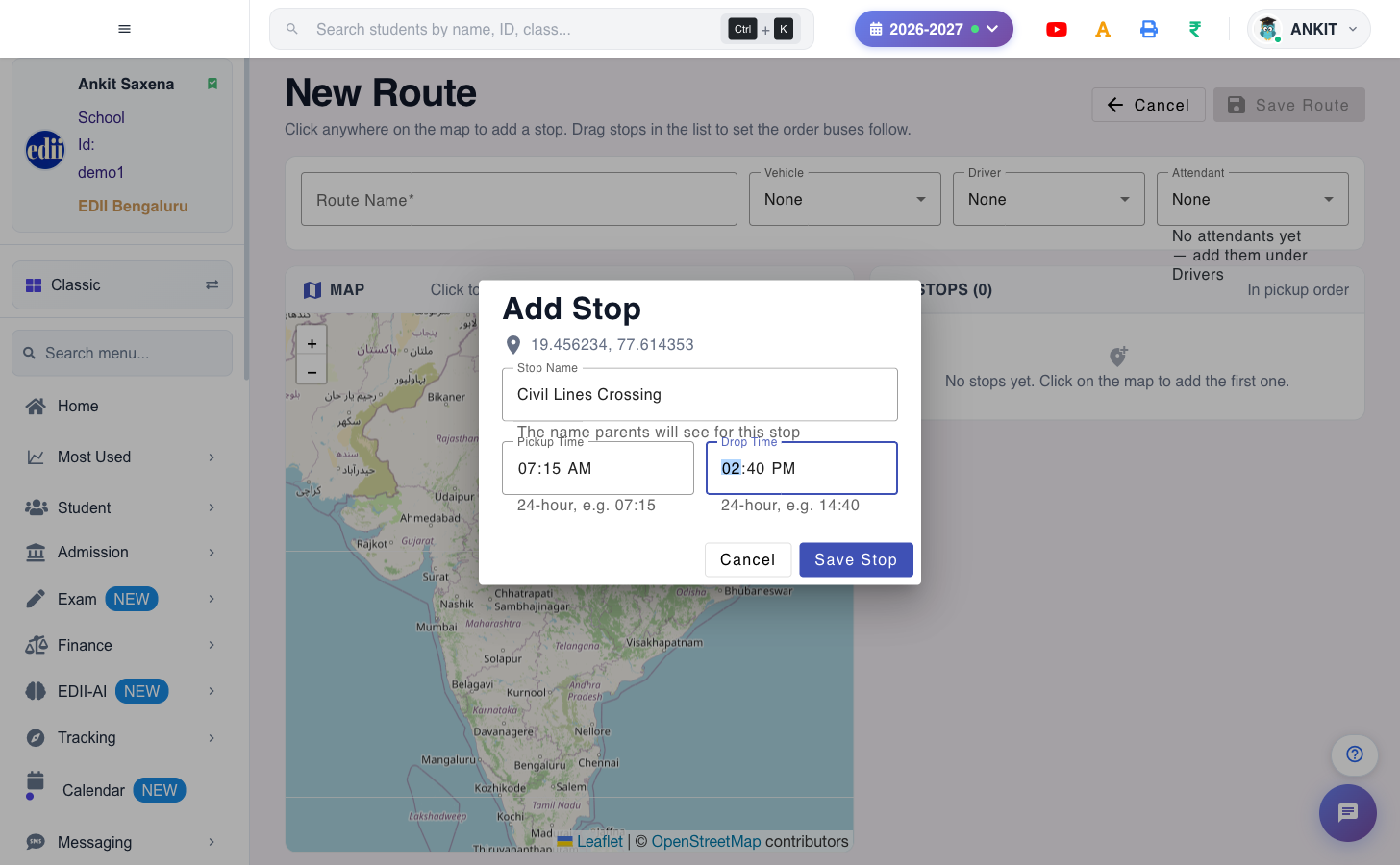 The Add Stop dialog in EDII, with fields for stop name, pickup time and drop time