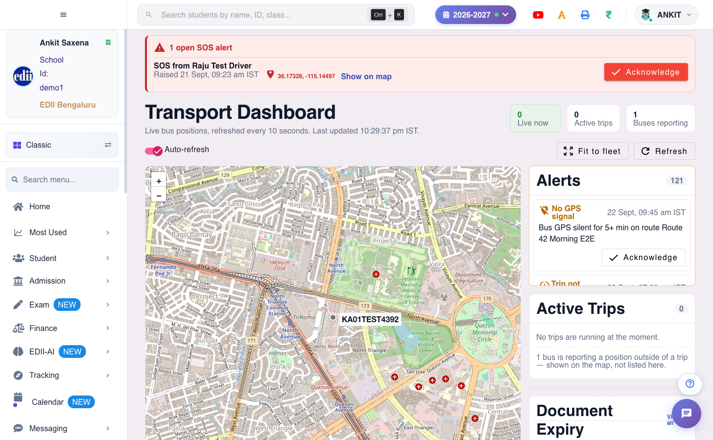 EDII Transport Dashboard: the live fleet map, the alerts panel, active trips and the students on the selected trip