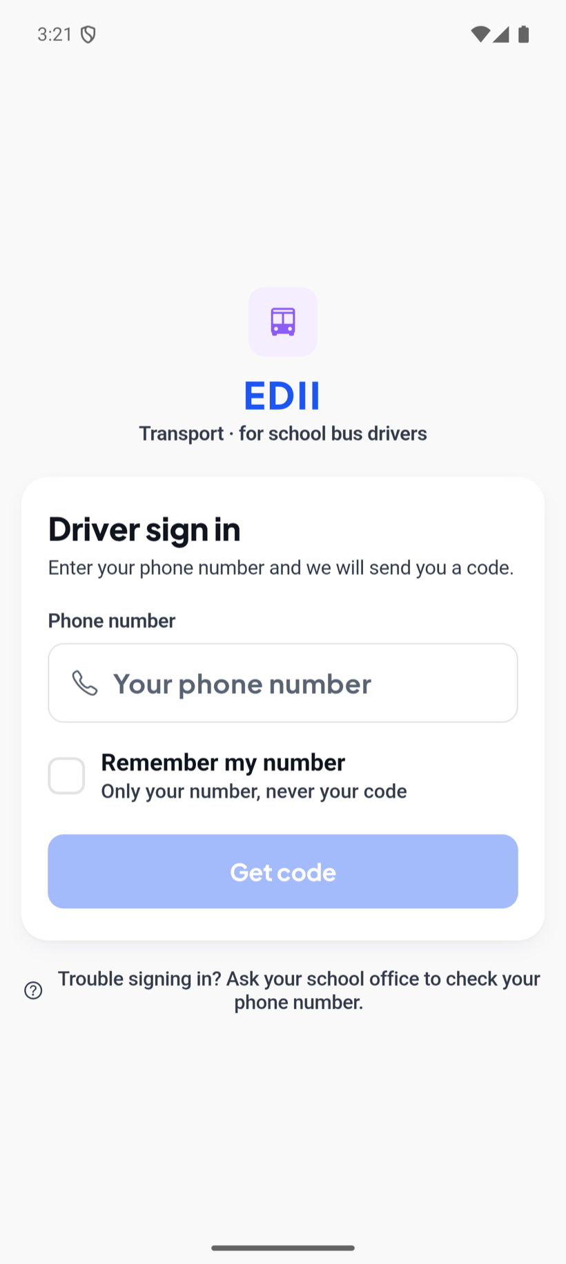 EDII Transport driver app sign-in screen: a mobile number field, a Get code button and a Remember my number option