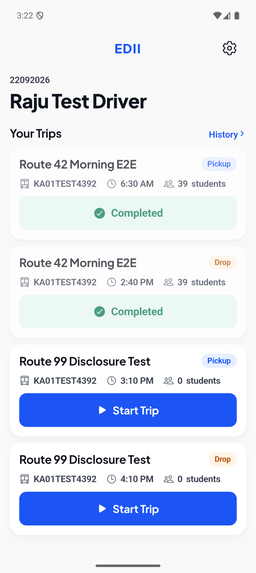 EDII Transport driver app: the day's trips, each card reading Start Trip or Completed