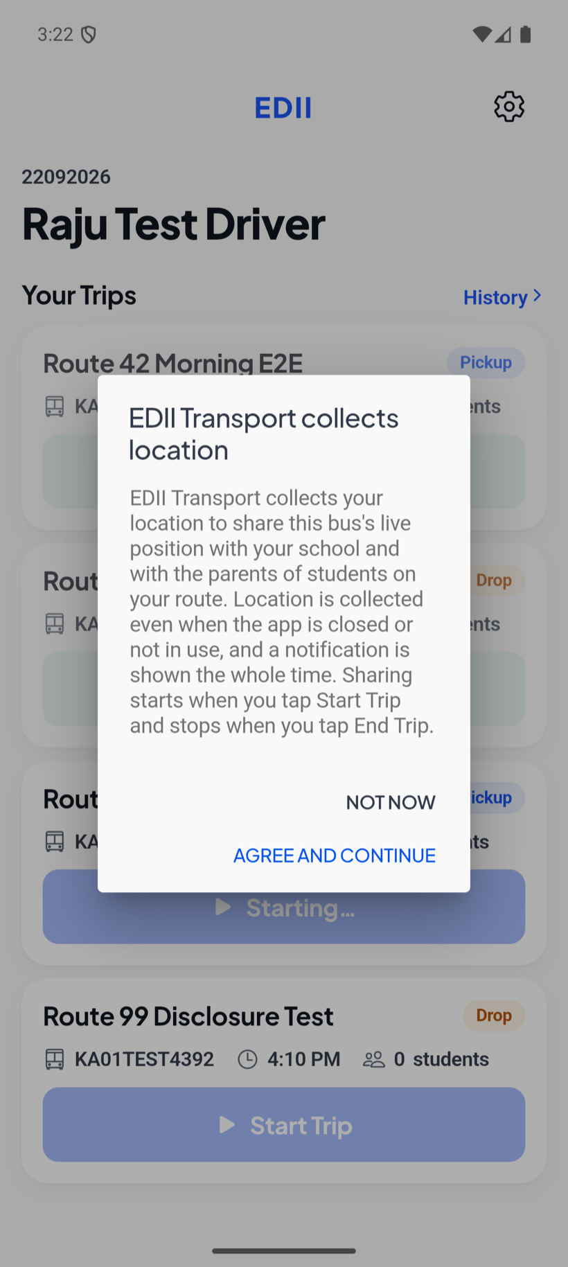 EDII Transport driver app: the location notice shown before any system permission prompt, explaining that sharing starts at Start Trip and stops at End Trip