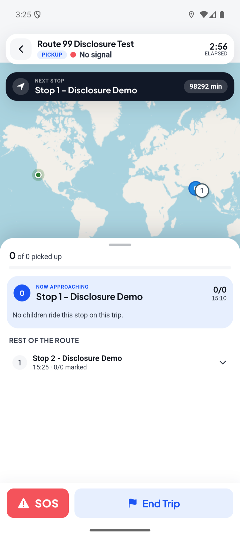 EDII Transport driver app: an active trip with the map, the approaching stop, the student roster and the SOS and End Trip buttons