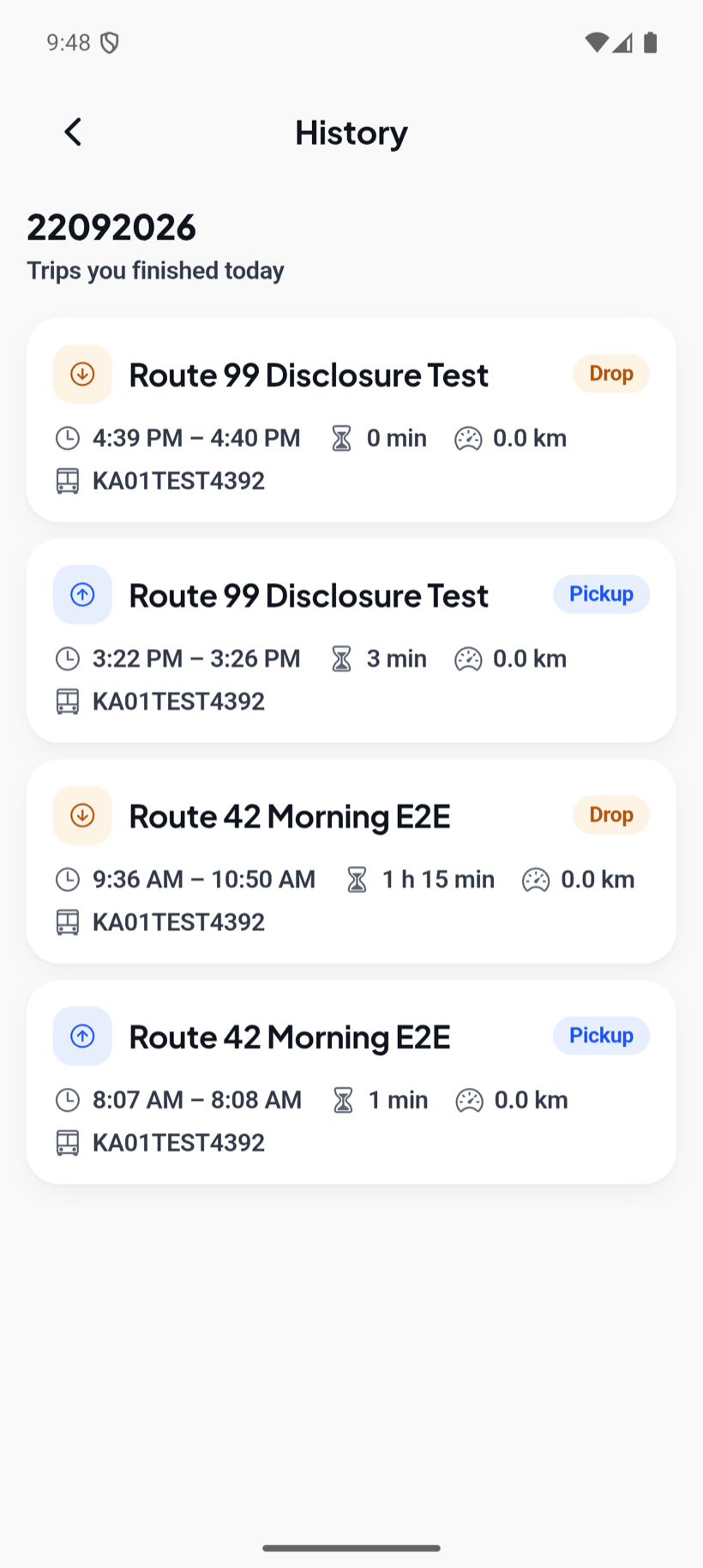 EDII Transport driver app history screen: trips finished today with start time, end time, duration and distance