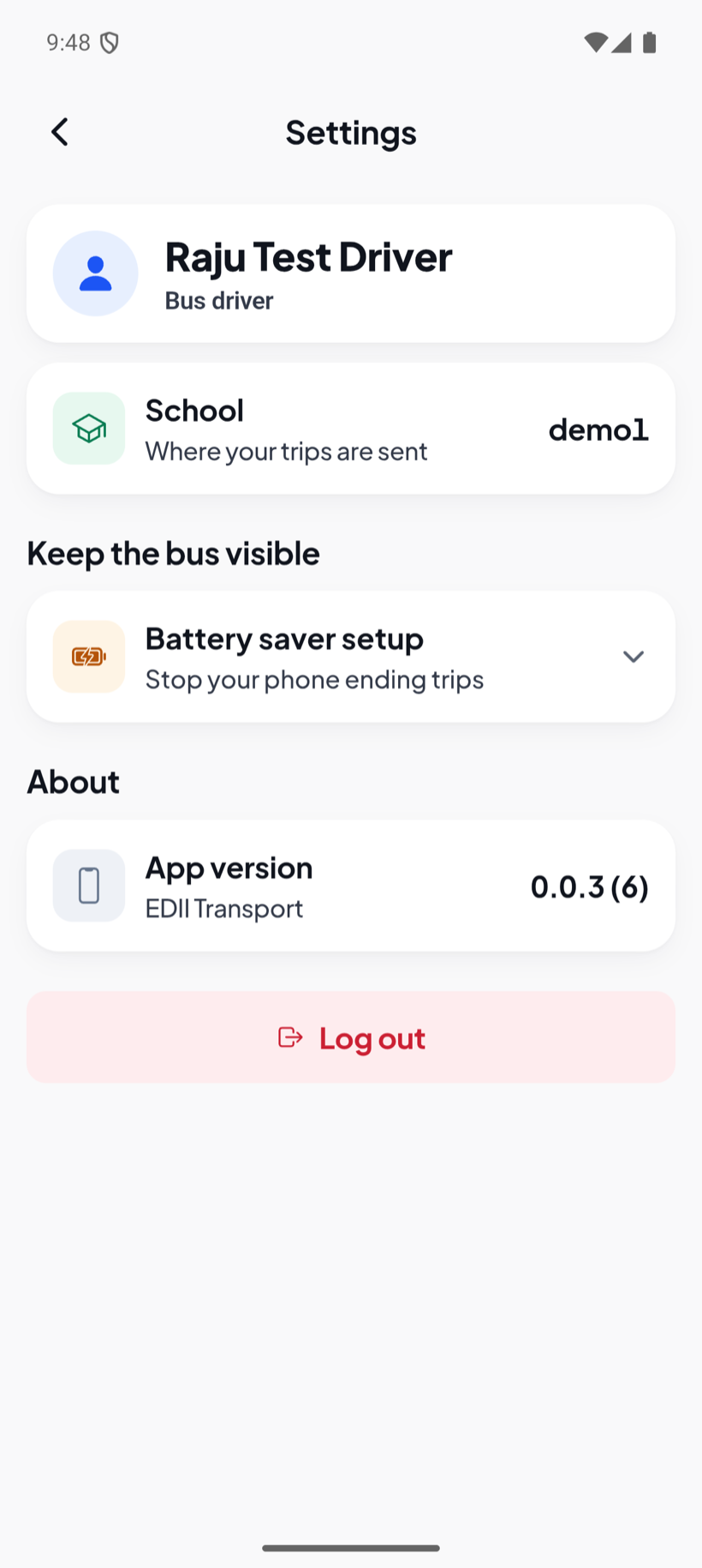 EDII Transport driver app settings screen: the driver's name and school, a Keep the bus visible section with battery saver setup, app version and log out
